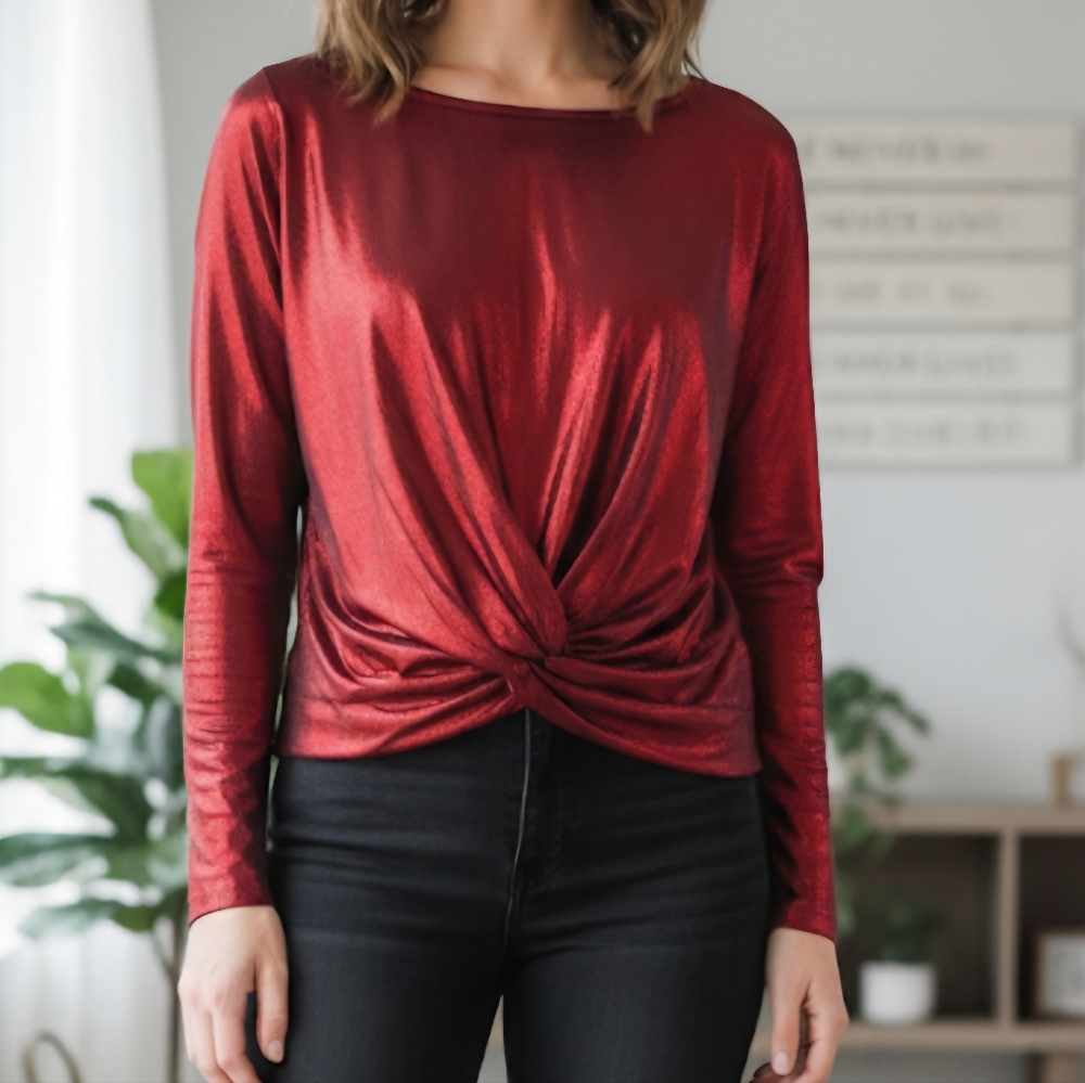 WRAPPER Womens METALLIC Red TOP 3/4 PULLOVER BLOUSE UNDER LIGHTS Size S And L(2)